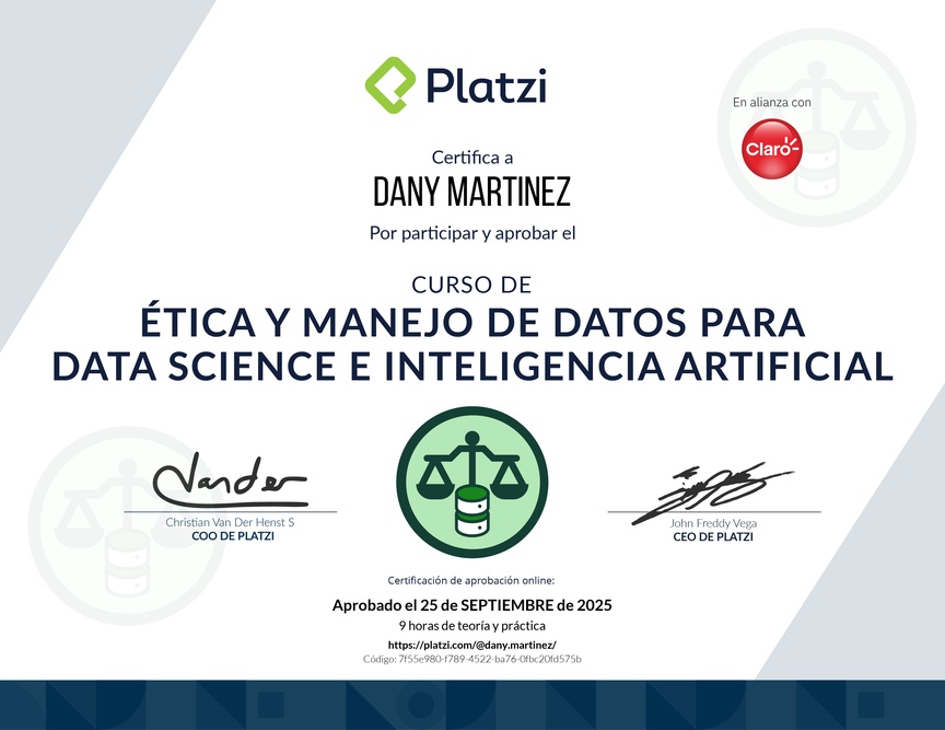 Diploma del Curso de Ética y Manejo de Datos para Data Science e Inteligencia Artificial