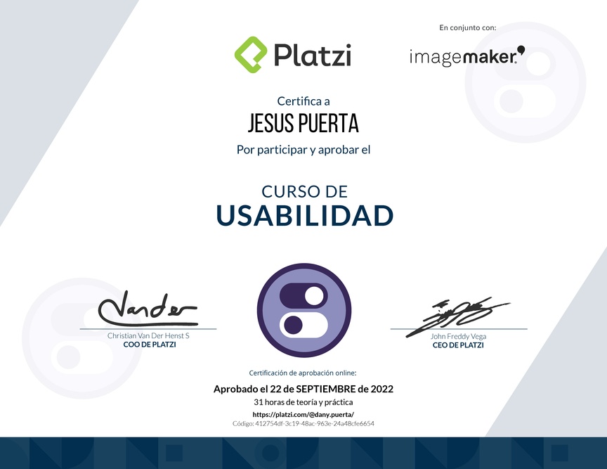 Diploma del Curso de Usabilidad: Principios, Pruebas y Herramientas Avanzadas