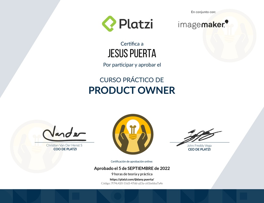Diploma del Curso de Herramientas y Frameworks Intermedias para Product Owners