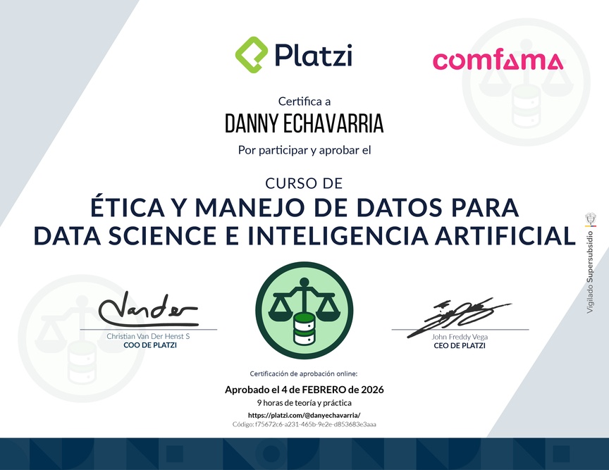 Diploma del Curso de Ética y Manejo de Datos para Data Science e Inteligencia Artificial