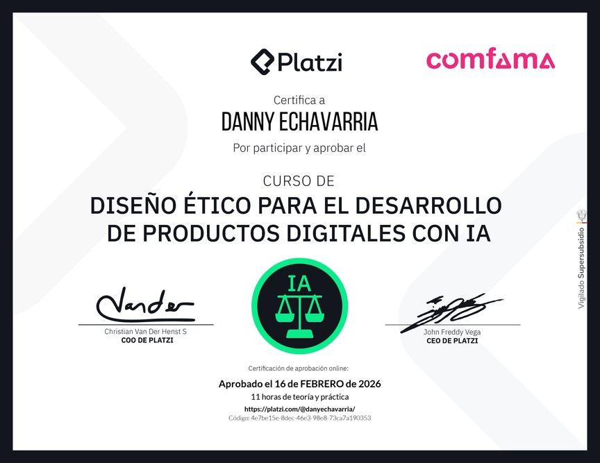 Diploma del Curso de Diseño Ético para el Desarrollo de Productos Digitales con IA