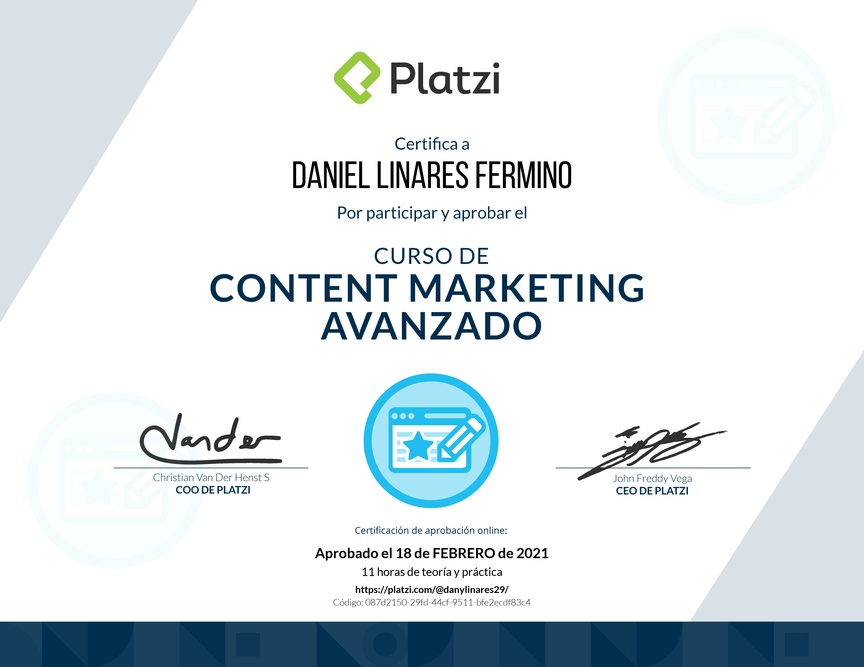 Diploma del Curso de Desarrollo de Estrategias de Content Marketing