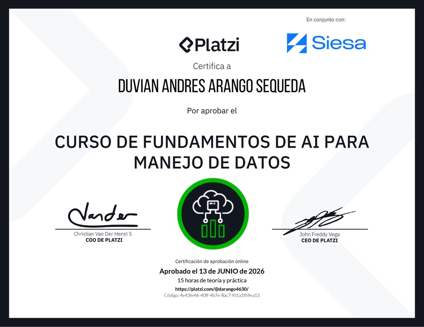 Diploma del Curso de  Fundamentos de AI para Manejo de Datos