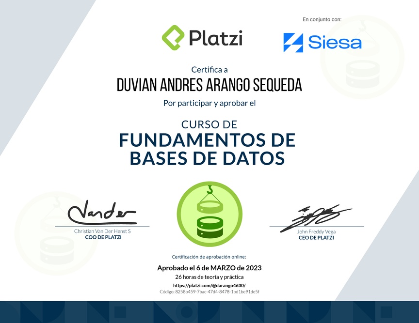 Diploma del Curso de Fundamentos de Bases de Datos 2019