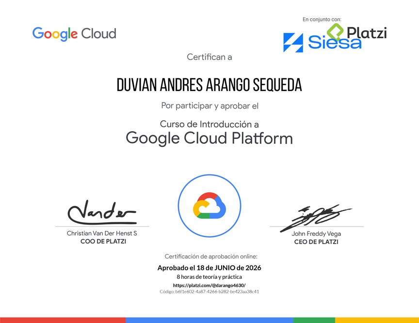Diploma del Curso de Introducción a Google Cloud Platform