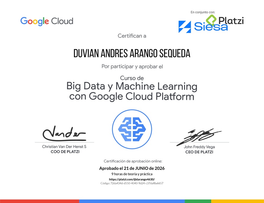 Diploma del Curso de Big Data y Machine Learning con Google Cloud Platform