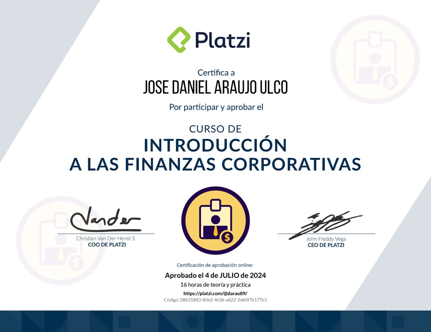Diploma del Curso de Introducción a las Finanzas Corporativas