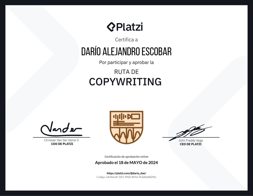 Diploma de la Ruta de Aprendizaje de Copywriting y storytelling para creación de contenidos