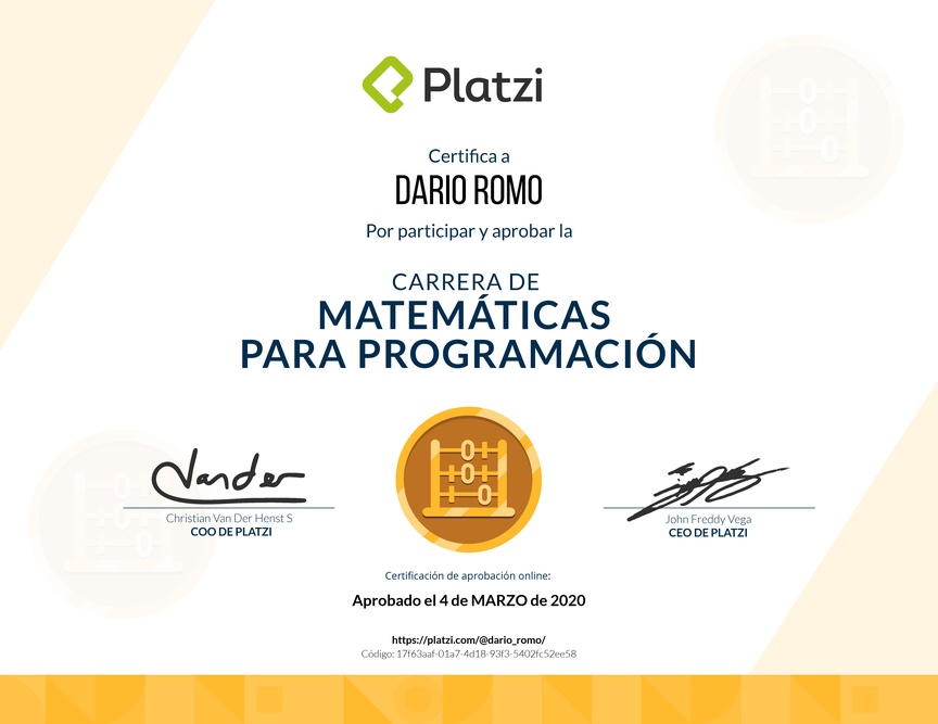 Diploma de la Ruta de Aprendizaje de Matemáticas para Programación