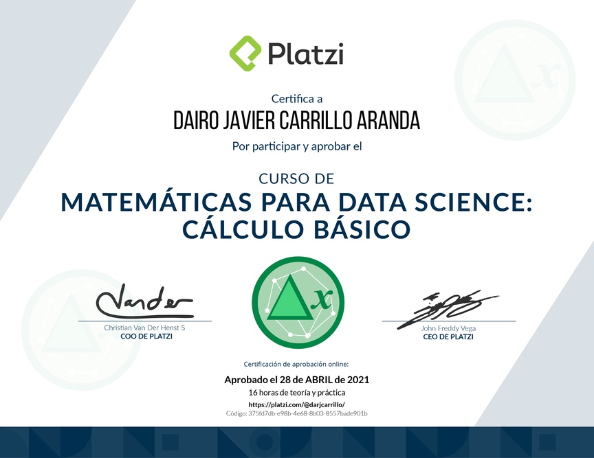 Diploma del Curso de Matemáticas para Data Science: Cálculo Básico