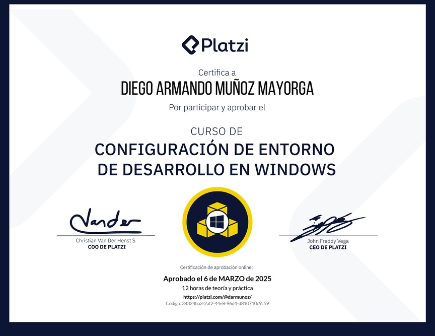 Diploma del Curso de Configuración de Entorno de Desarrollo en Windows