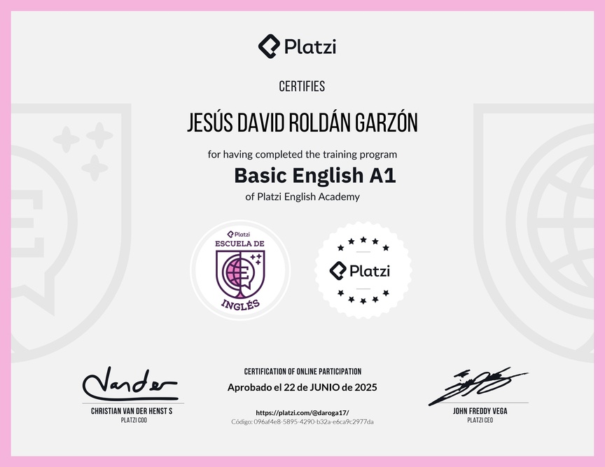 Diploma de la Ruta de Aprendizaje de Inglés Básico A1