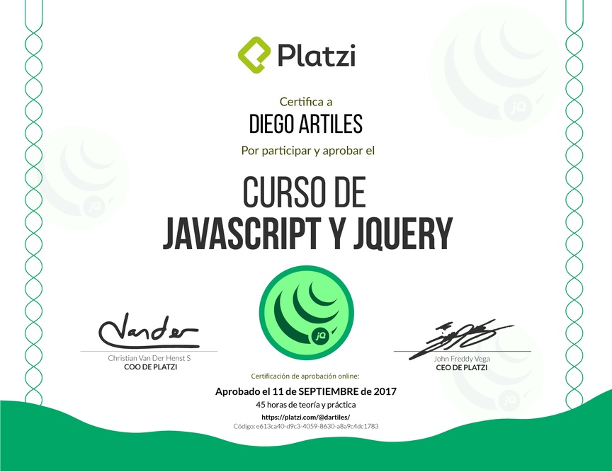 Diploma del Curso de JavaScript y jQuery 2015