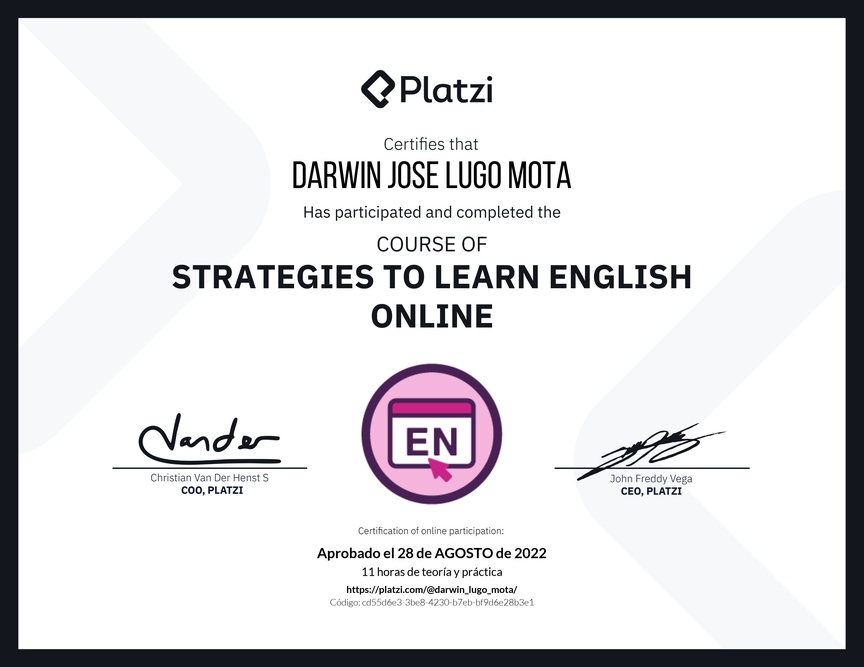 Diploma del Curso Gratis de Estrategias para Aprender Inglés en Línea