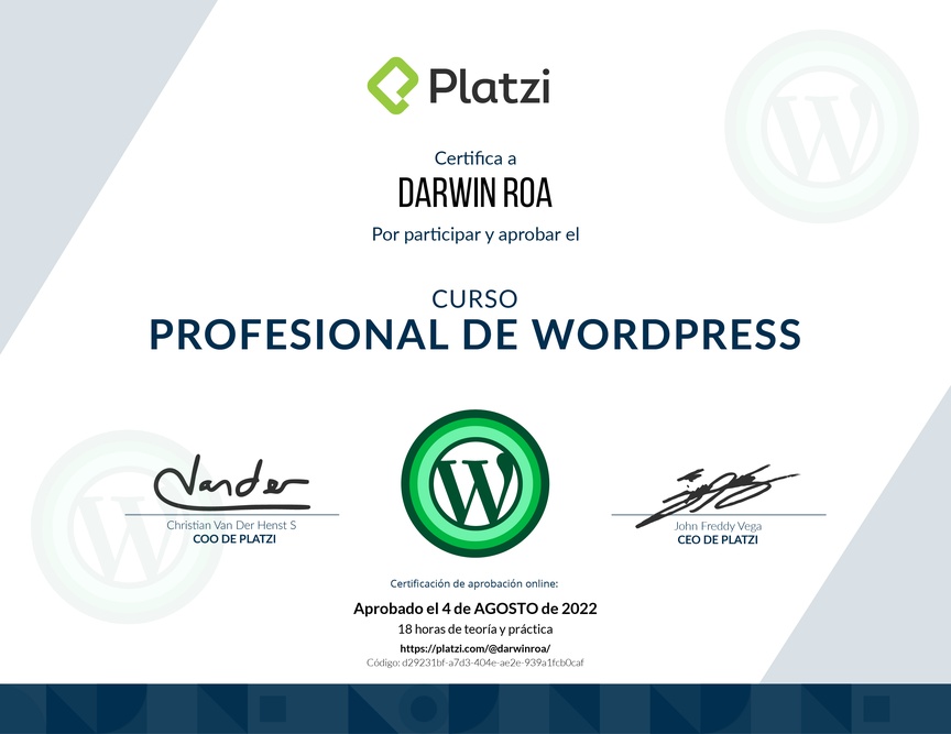 Diploma del Curso Profesional de WordPress