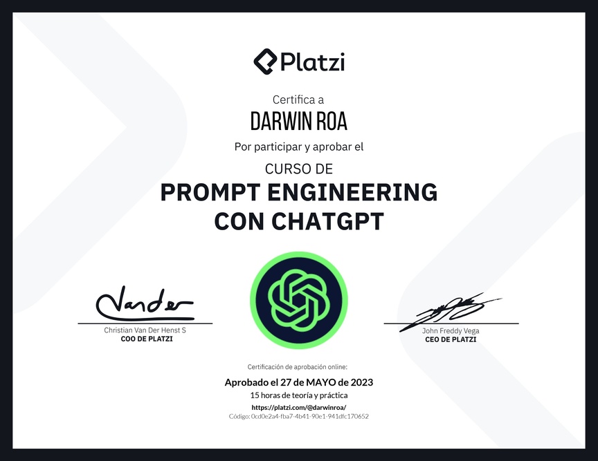 Diploma del Curso de Prompt Engineering con ChatGPT