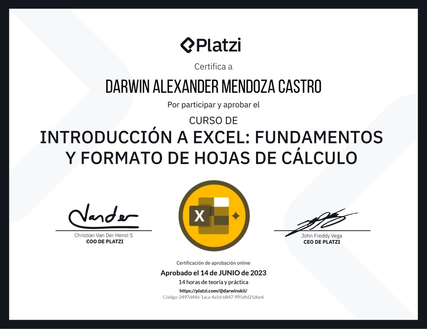 Diploma del Curso de Introducción a Excel para Principiantes: Fundamentos y Formato de Hojas de Cálculo