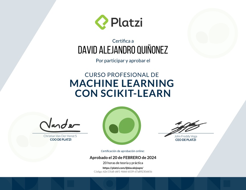 Diploma del Curso Profesional de Machine Learning con scikit-learn