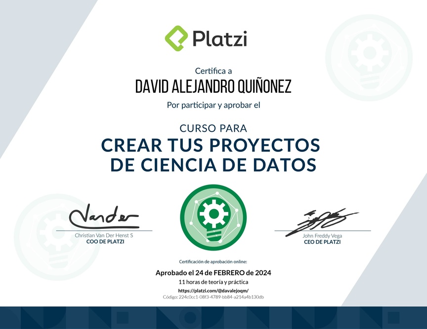 Diploma del Curso para Crear tus Proyectos de Ciencia de Datos