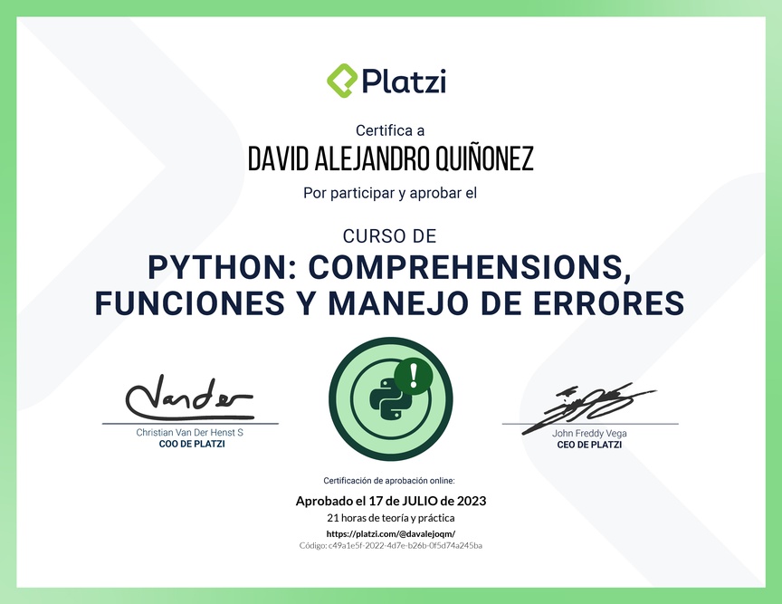 Diploma del Curso de Python: Comprehensions, Funciones y Manejo de Errores
