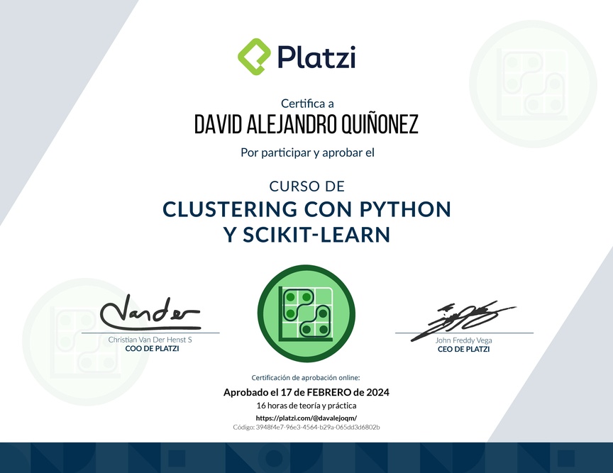 Diploma del Curso de Clustering con Python y scikit-learn