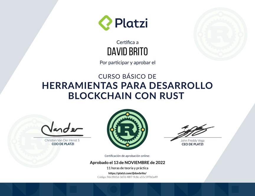 Diploma del Curso Básico de Herramientas para Desarrollo Blockchain con Rust
