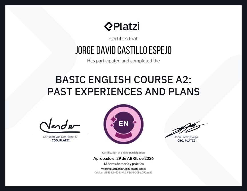 Diploma del Curso de Inglés Básico A2: Experiencias Pasadas y Planes
