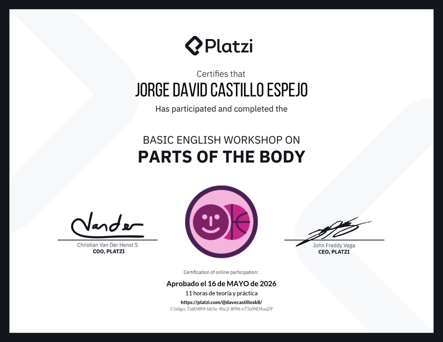 Diploma del Curso de Inglés Práctico sobre las Partes del Cuerpo