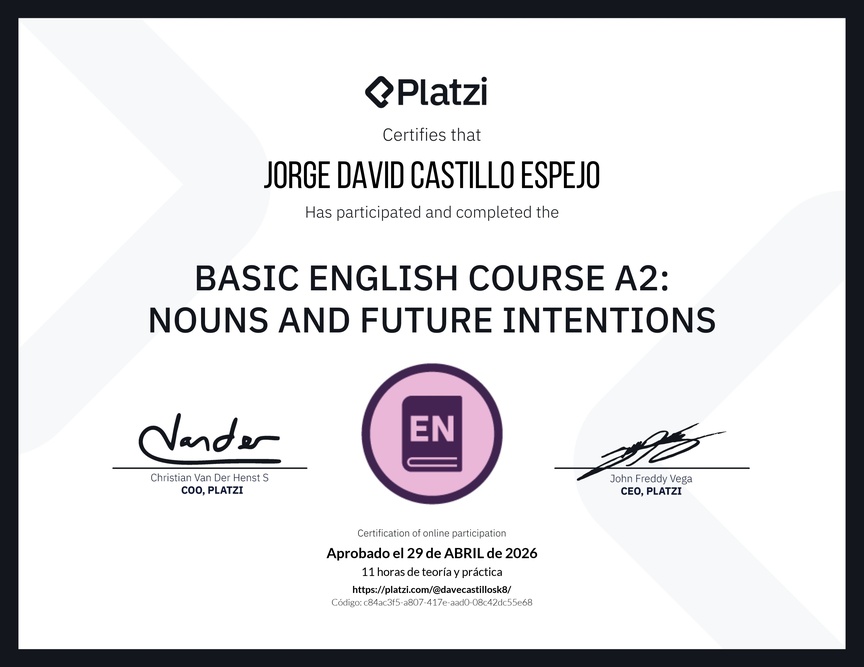 Diploma del Curso de Inglés Básico A2: Sustantivos e Intenciones Futuras