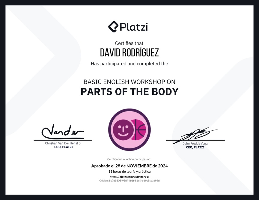 Diploma del Curso de Inglés Práctico sobre las Partes del Cuerpo