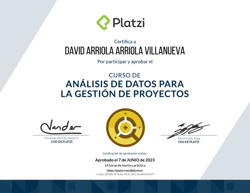 Diploma del Curso de Análisis de Datos para la Gestión de Proyectos