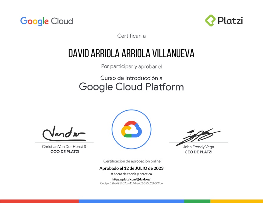 Diploma del Curso de Introducción a Google Cloud Platform