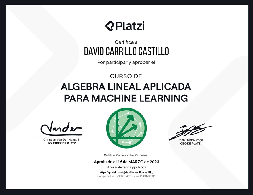 Diploma del Curso de Álgebra Lineal Aplicada para Machine Learning