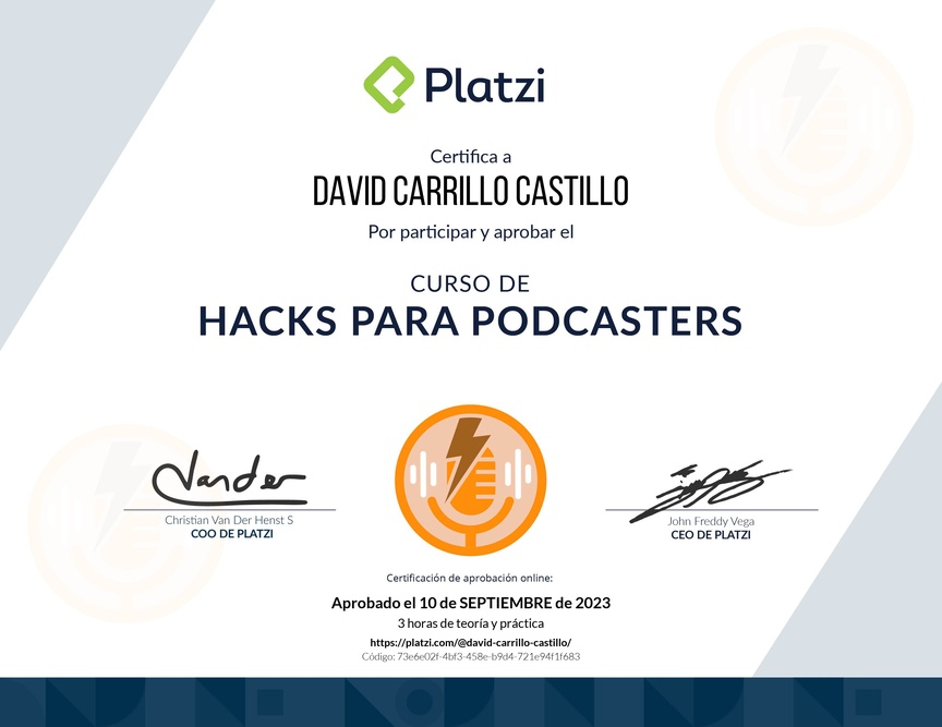 Diploma del Curso de Hacks para Mejorar tus Podcasts
