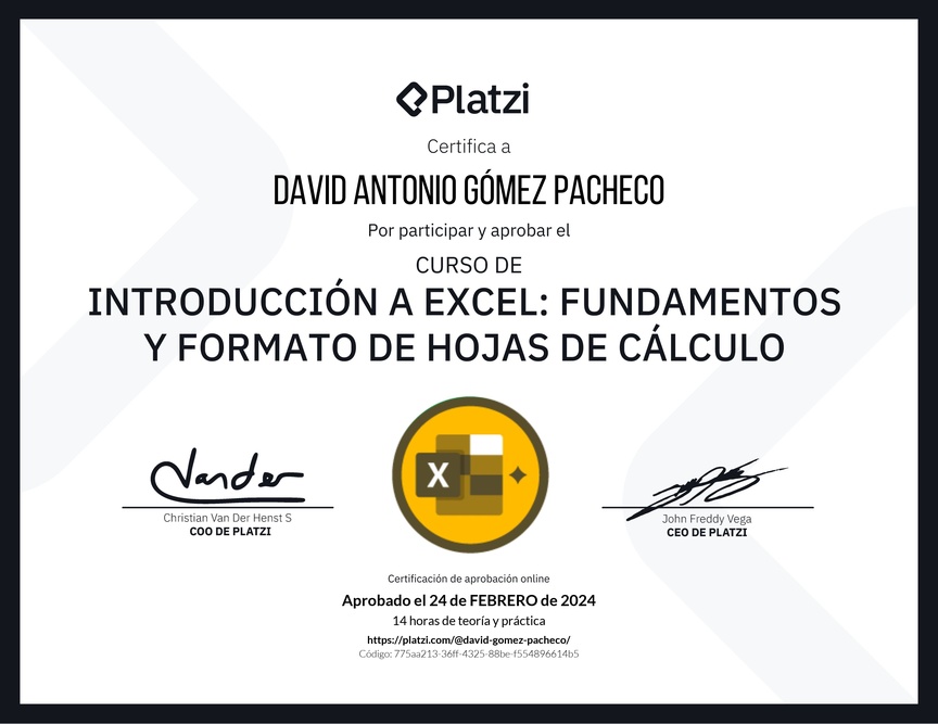 Diploma del Curso de Introducción a Excel para Principiantes: Fundamentos y Formato de Hojas de Cálculo