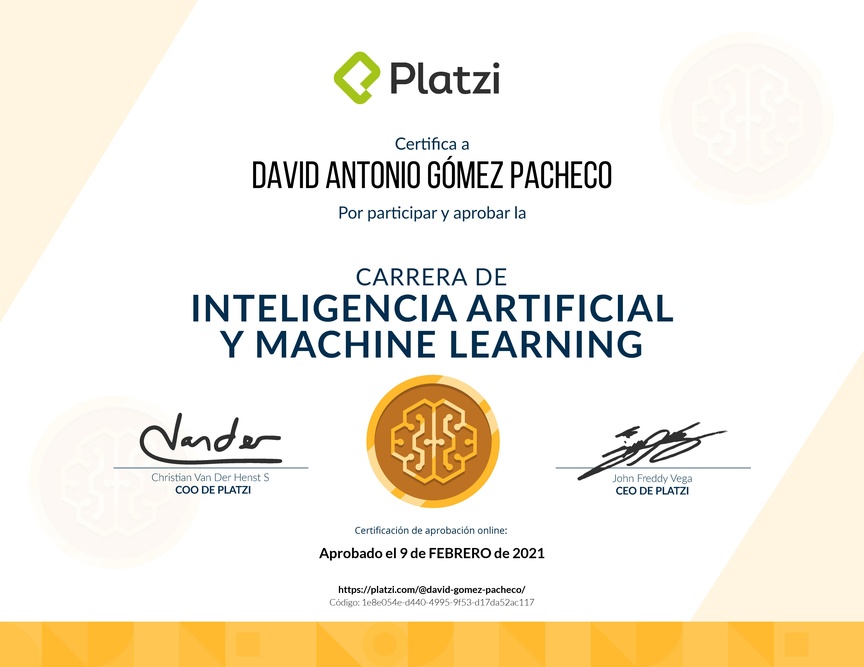 Diploma de la Ruta de Aprendizaje de Inteligencia Artificial y Machine Learning