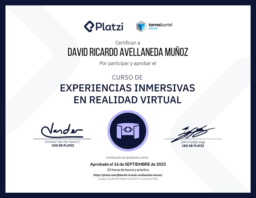 Diploma del Curso de Experiencias Inmersivas en Realidad Virtual