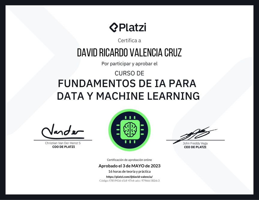 Diploma del Curso de Fundamentos de AI para Data y Machine Learning