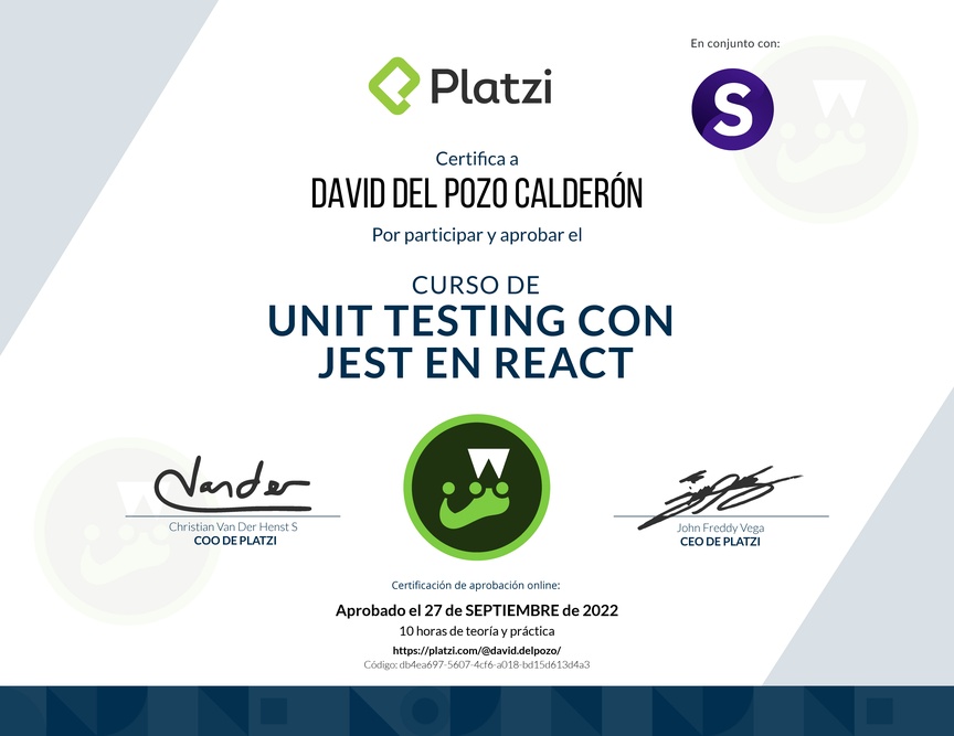 Diploma del Curso de Unit Testing con Jest en React