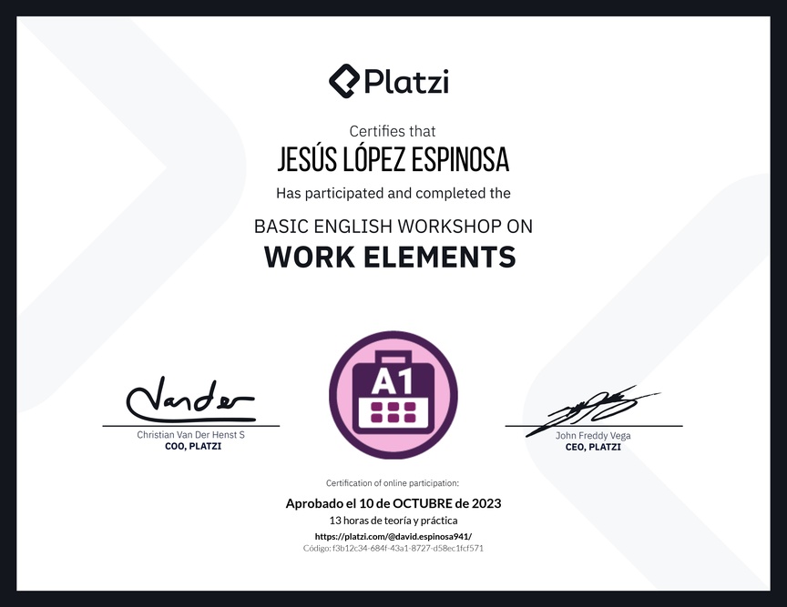 Diploma del Curso de Inglés Práctico sobre Elementos de Trabajo
