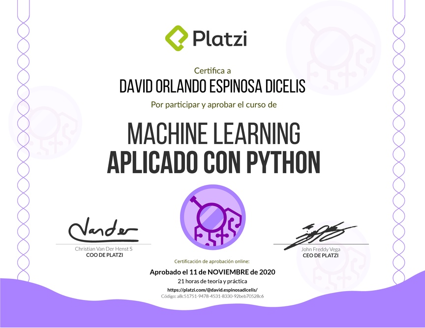 Diploma del Curso de Machine Learning Aplicado con Python