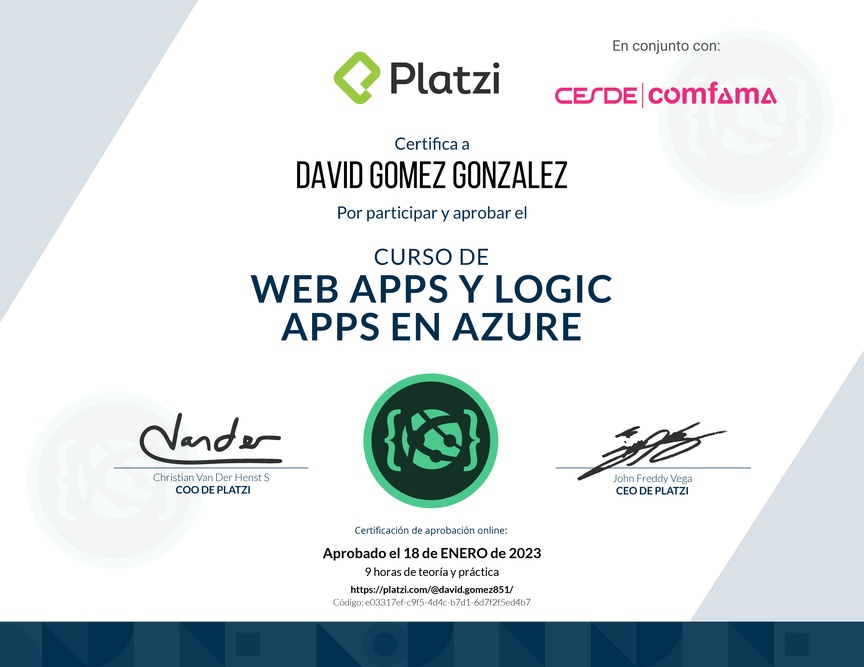 Diploma del Curso de Web Apps y Logic Apps en Azure
