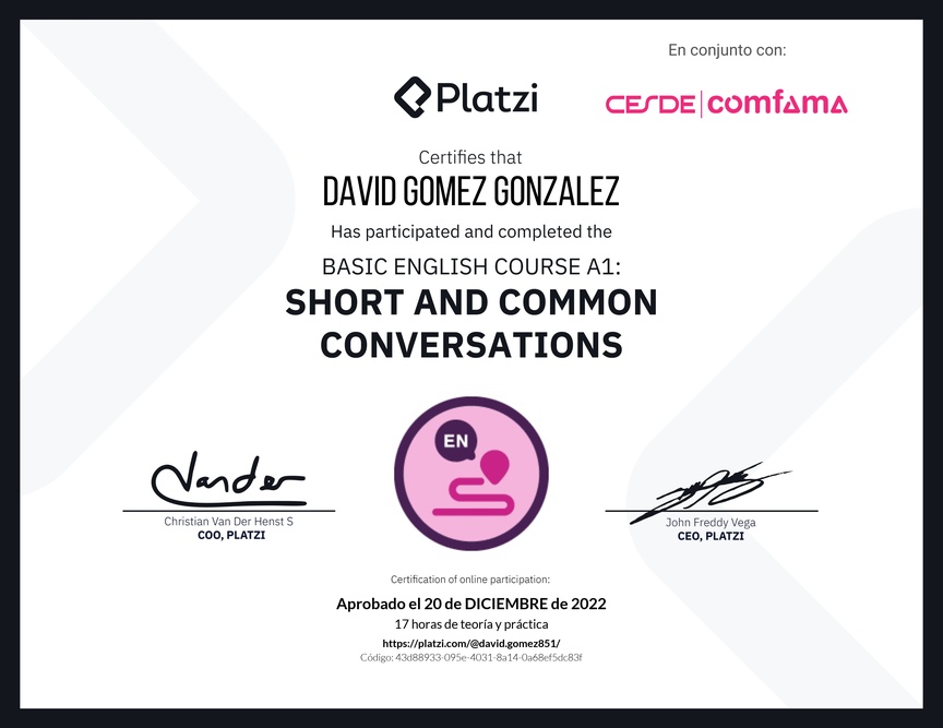 Diploma del Curso de Inglés Básico A1: Conversaciones Cortas y Habituales (2020)