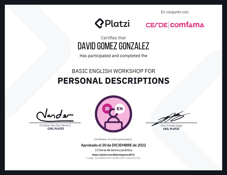 Diploma del Curso de Inglés Práctico para Descripciones Personales (2020=