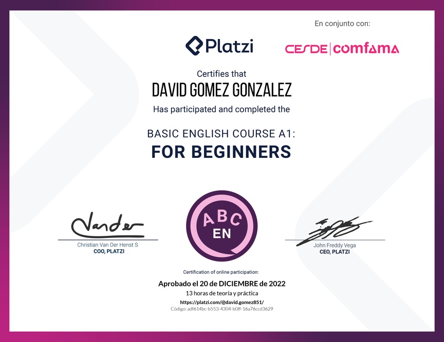 Diploma del Curso de Inglés Básico para Principiantes - (2022)
