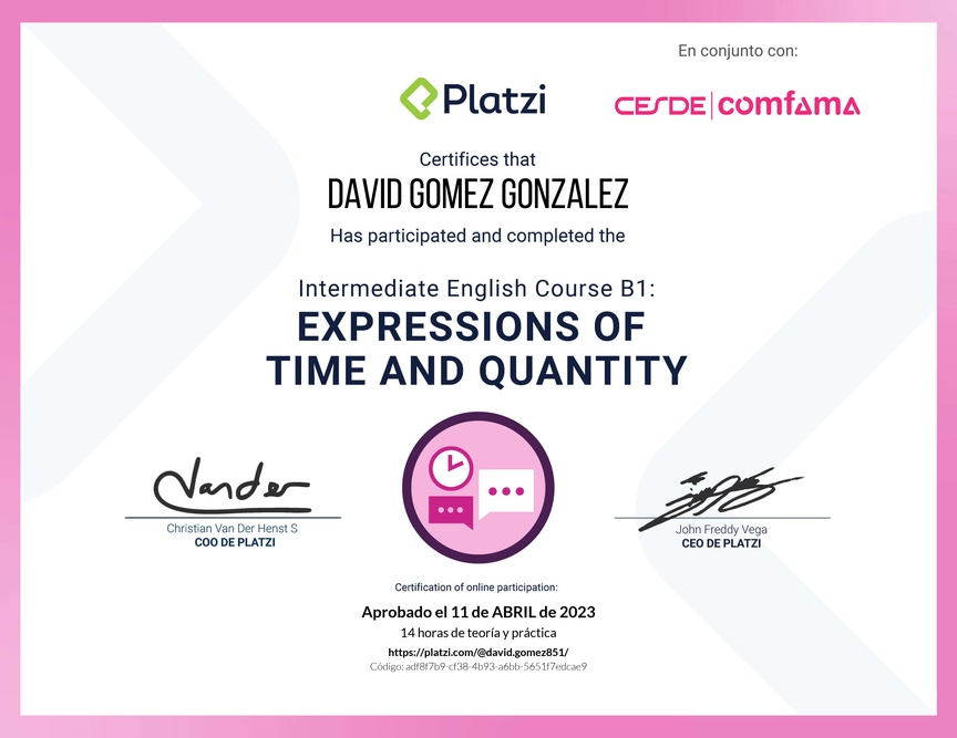 Diploma del Curso de Inglés Intermedio B1: Expresiones de Tiempo y Cantidad
