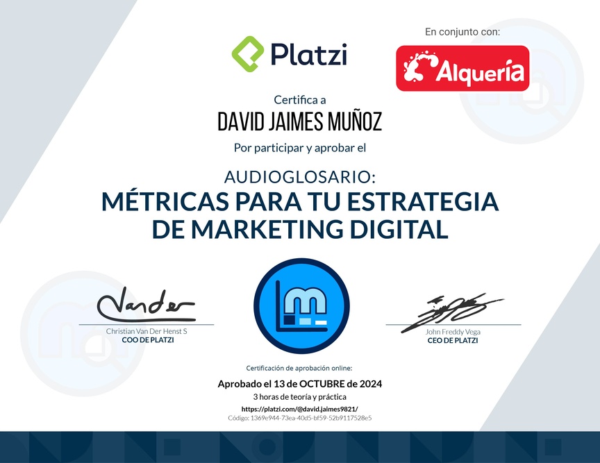 Diploma de Audioglosario Métricas para Marketing Digital