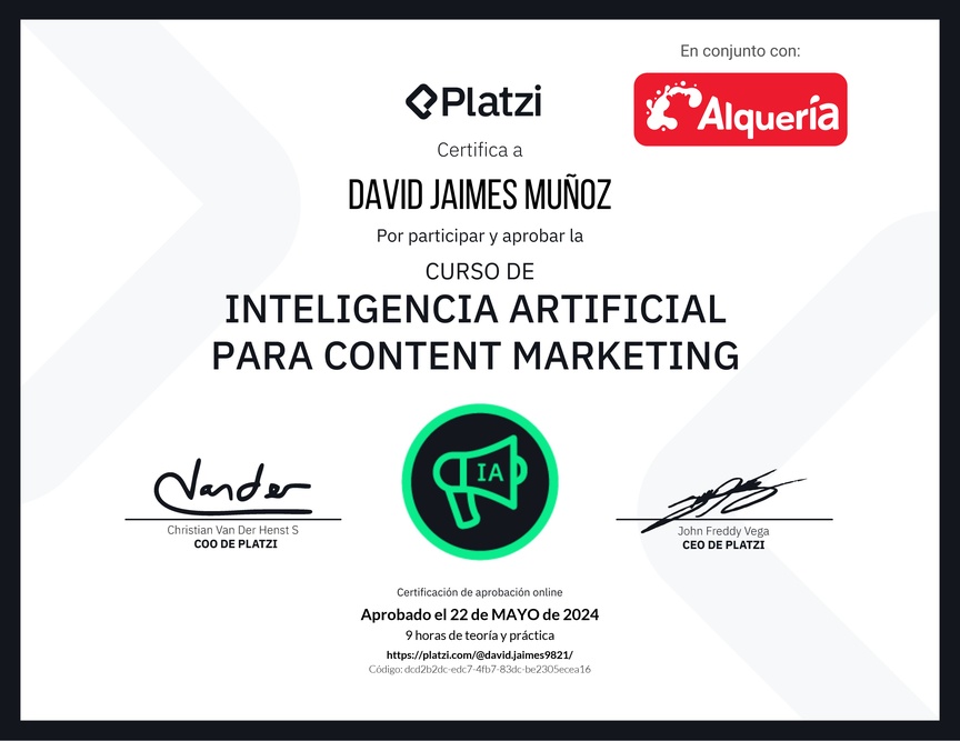 Diploma del Curso de Inteligencia Artificial para Content Marketing