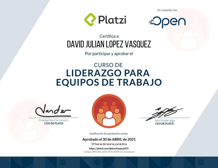Diploma del Curso de Liderazgo para Equipos de Trabajo