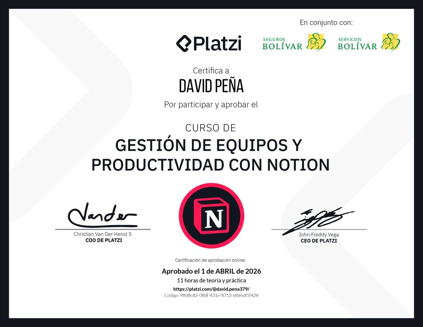 Diploma del Curso de Gestión de Equipos y Productividad con Notion